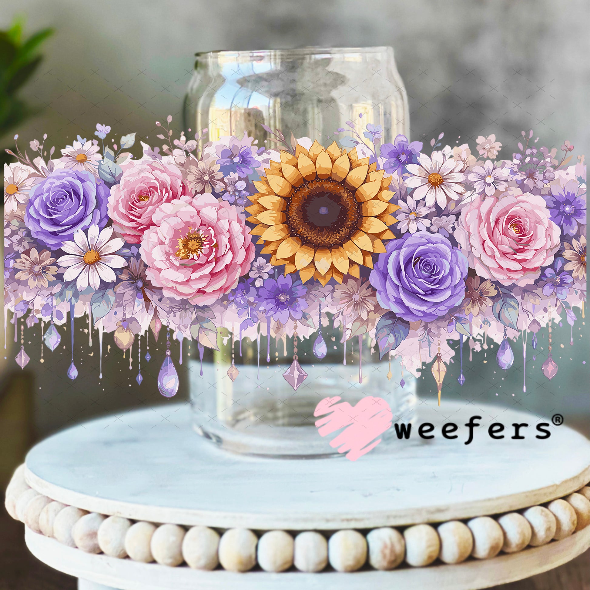 UV DTF Cup Wrap – Pink and Purple florals 16oz Libbey Glass Original Size Weefers