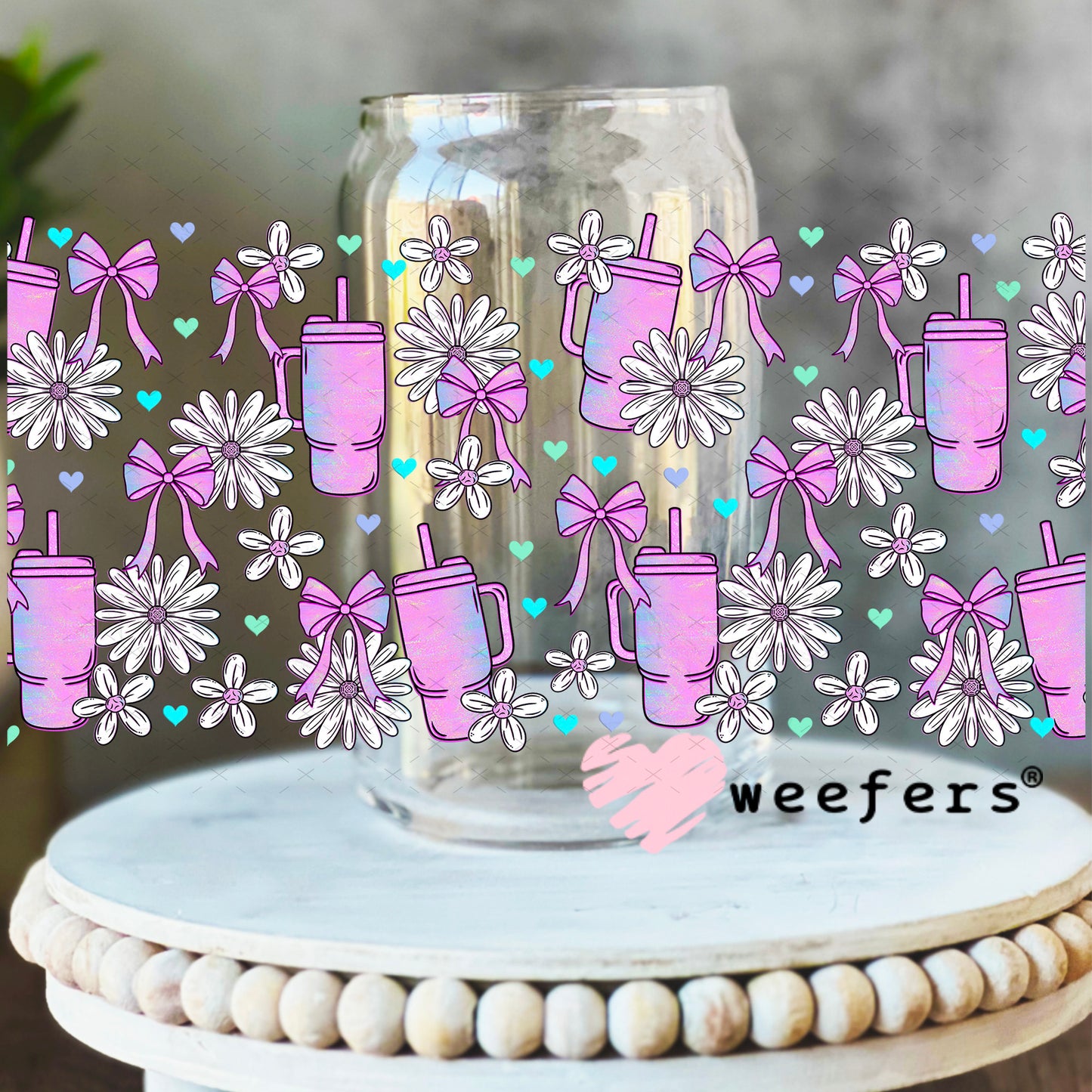 UV DTF Cup Wrap – Purple Tumblers and White Flowers 16oz Libbey Glass Original Size Weefers