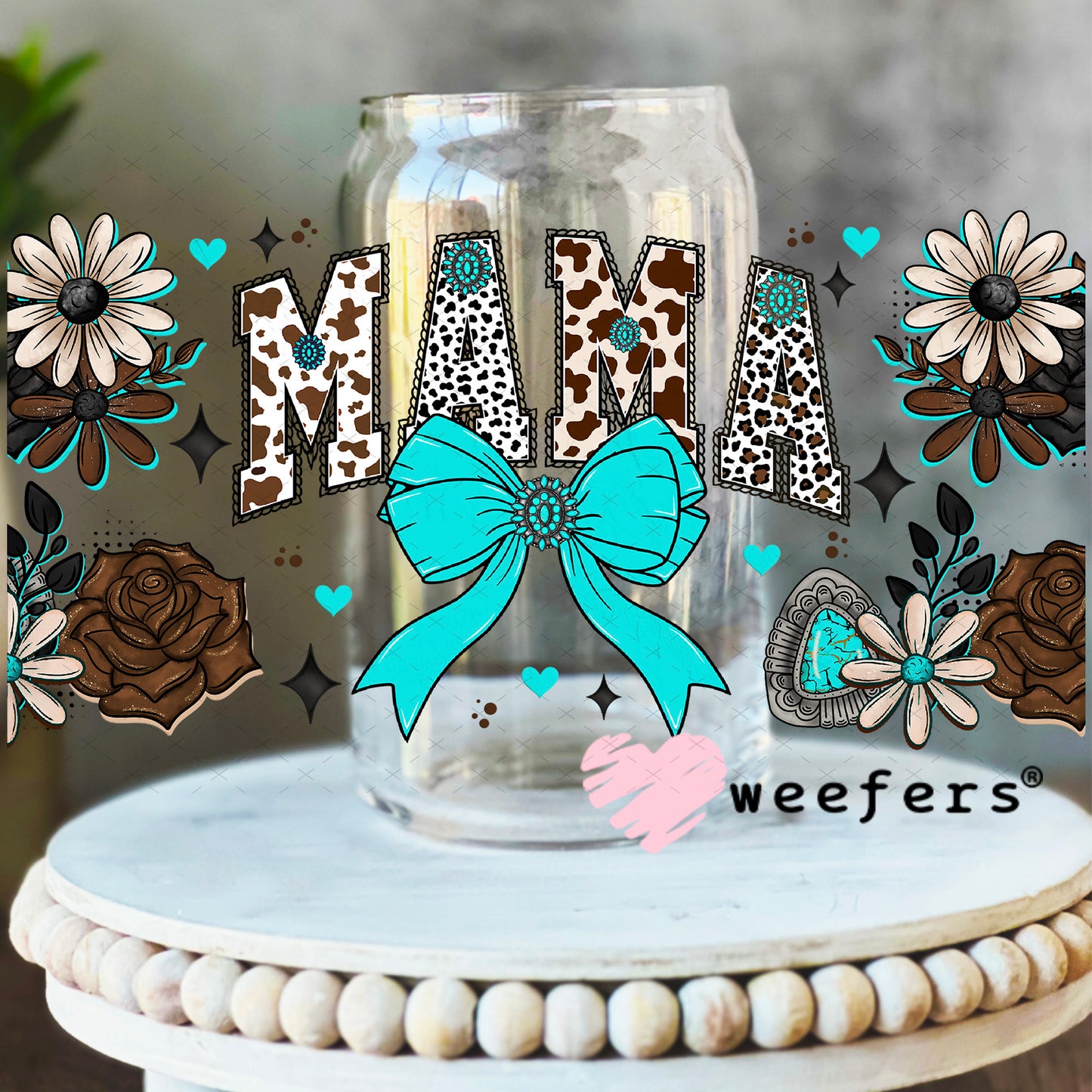 UV DTF Cup Wrap – Western Mama Teal and Brown 16oz Libbey Glass Original Size Weefers