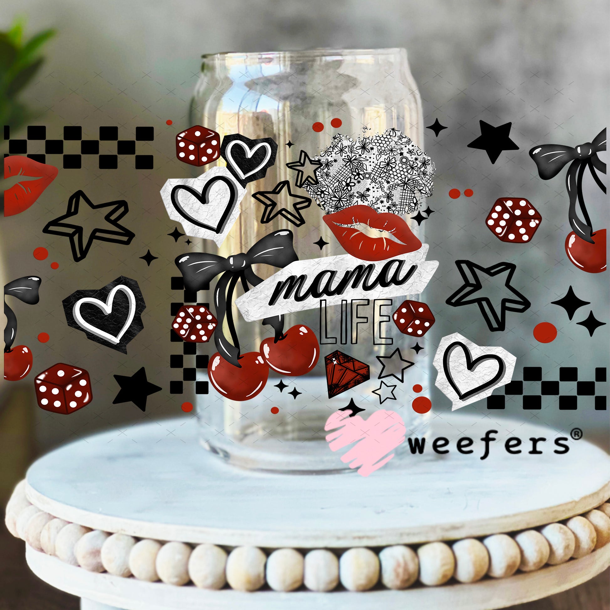 UV DTF Cup Wrap – Mama Cherries and Dice 16oz Libbey Glass Original Size Weefers