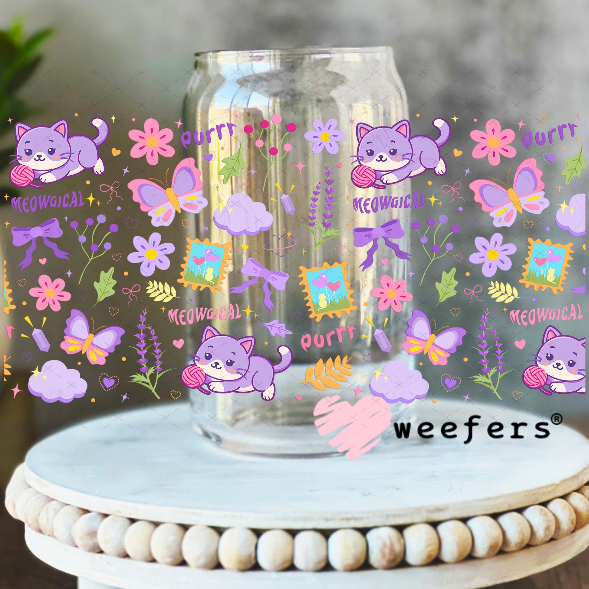 UV DTF Cup Wrap – Purple Playful Cats 16oz Libbey Glass Original Size Weefers