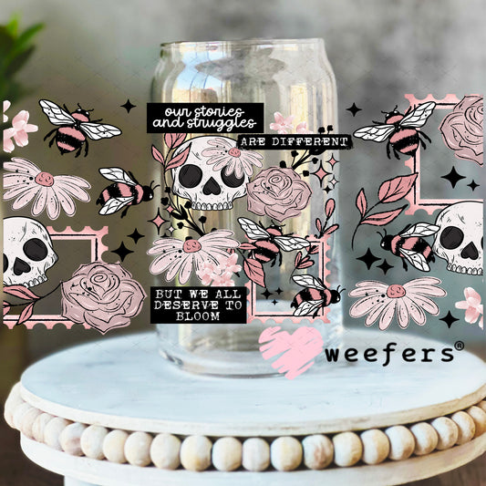 UV DTF Cup Wrap – Our Stories and Struggles are Different 16oz Libbey Glass Original Size Weefers