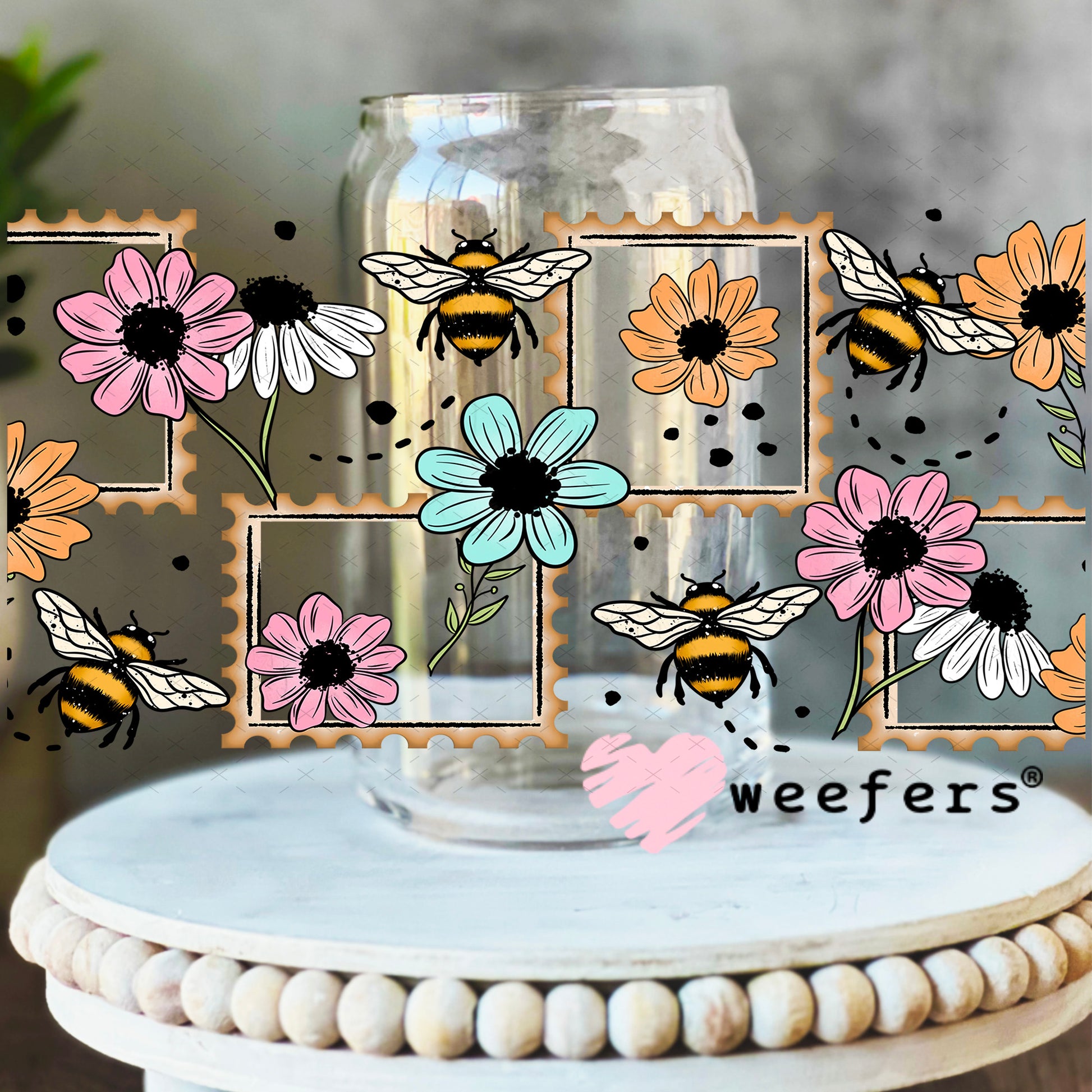 UV DTF Cup Wrap – Wild Flowers and Bees Pink and Teal 16oz Libbey Glass Original Size Weefers