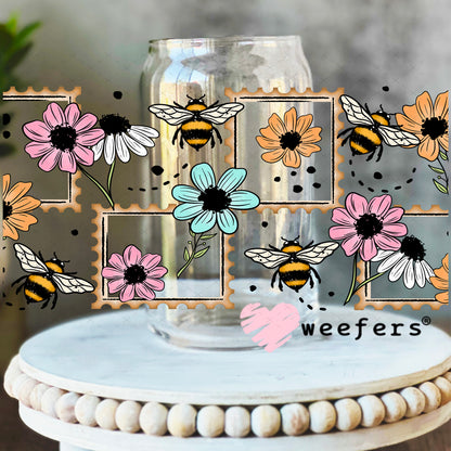 UV DTF Cup Wrap – Wild Flowers and Bees Pink and Teal 16oz Libbey Glass Original Size Weefers