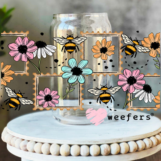 UV DTF Cup Wrap – Wild Flowers and Bees Pink and Teal 16oz Libbey Glass Original Size Weefers