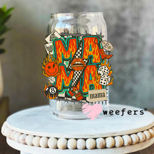 UV DTF Decal - Fire Flames Mama stacked 16oz Libbey Glass Original Size Weefers