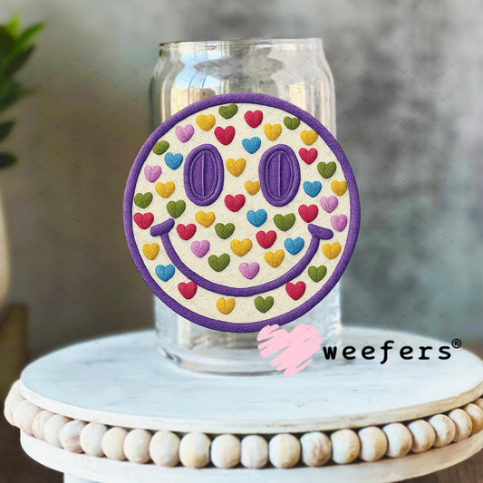 UV DTF Decal - Smiley Face Purple and Colored Hearts 16oz Libbey Glass Original Size Weefers