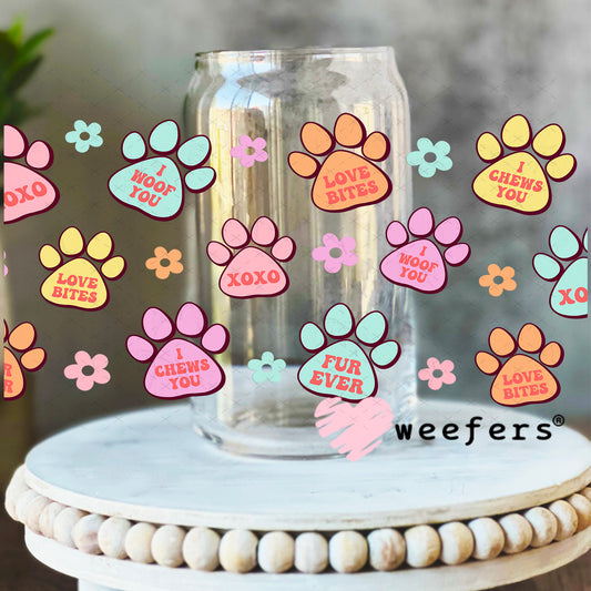 UV DTF Cup Wrap – Dog Paw Valentine's Day Conversation Hearts 16oz Libbey Glass Original Size Weefers