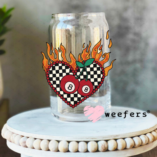 UV DTF Decal - Fire Heart Eight Balls 16oz Libbey Glass Original Size Weefers