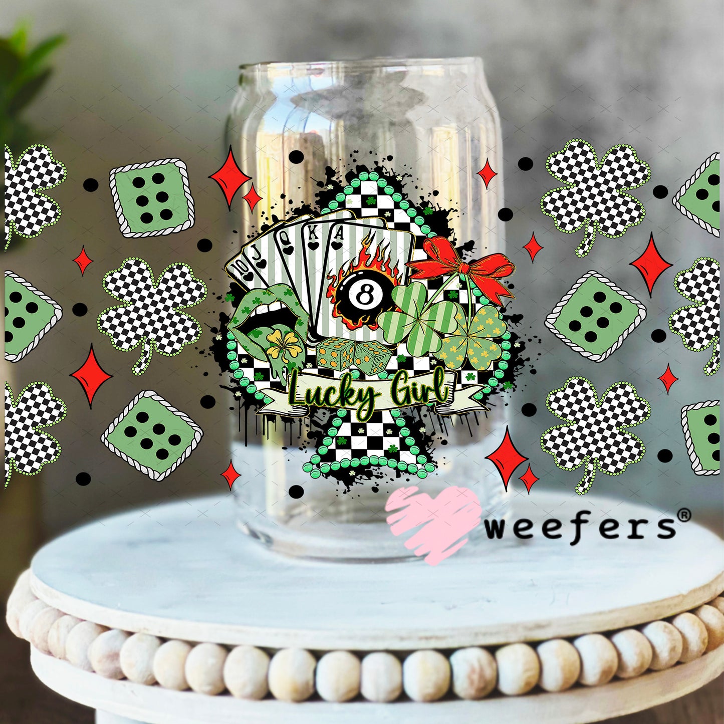UV DTF Cup Wrap – Lucky Girl Western St Patrick's Day - Weefers Exclusive 16oz Libbey Glass Original Size Weefers