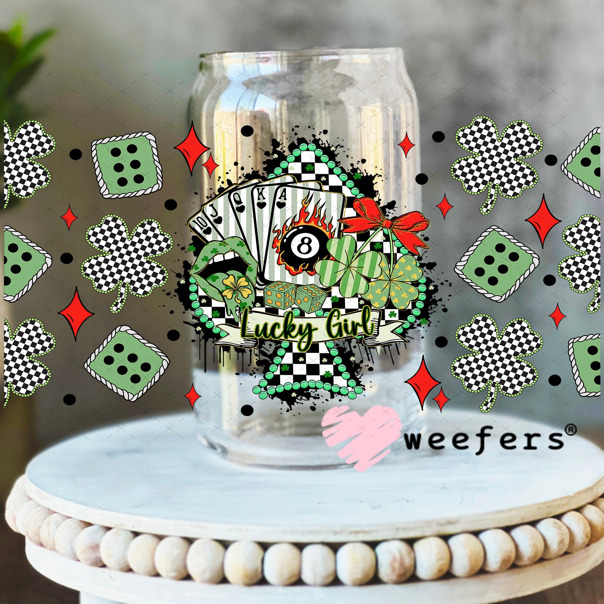 UV DTF Cup Wrap – Lucky Girl Western St Patrick's Day - Weefers Exclusive 16oz Libbey Glass Original Size Weefers