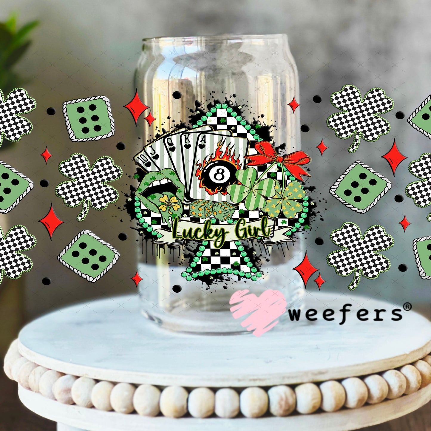 UV DTF Cup Wrap – Lucky Girl Western St Patrick's Day - Weefers Exclusive 16oz Libbey Glass Original Size Cup Wrap Weefers