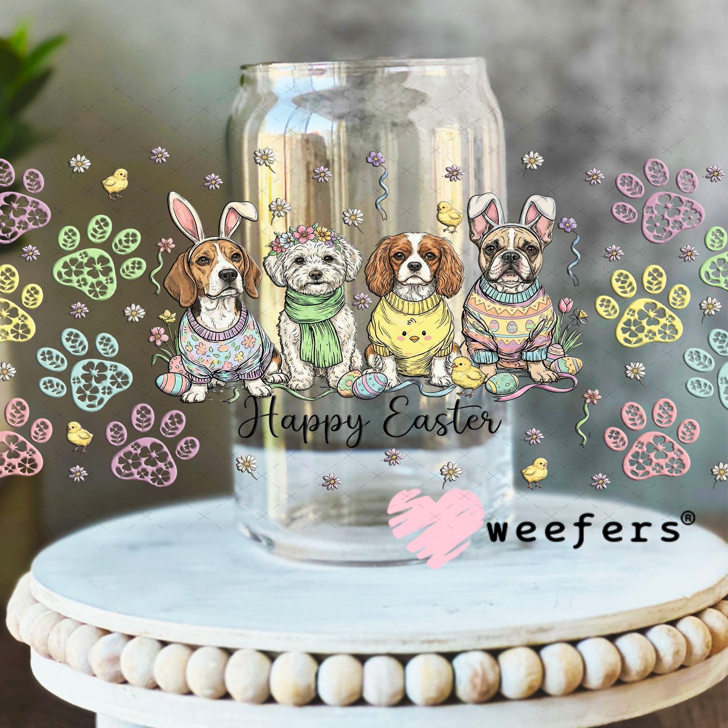 UV DTF Cup Wrap – Happy Easter Dog Friends - Weefers Exclusive 16oz Libbey Glass Original Size Cup Wrap Weefers