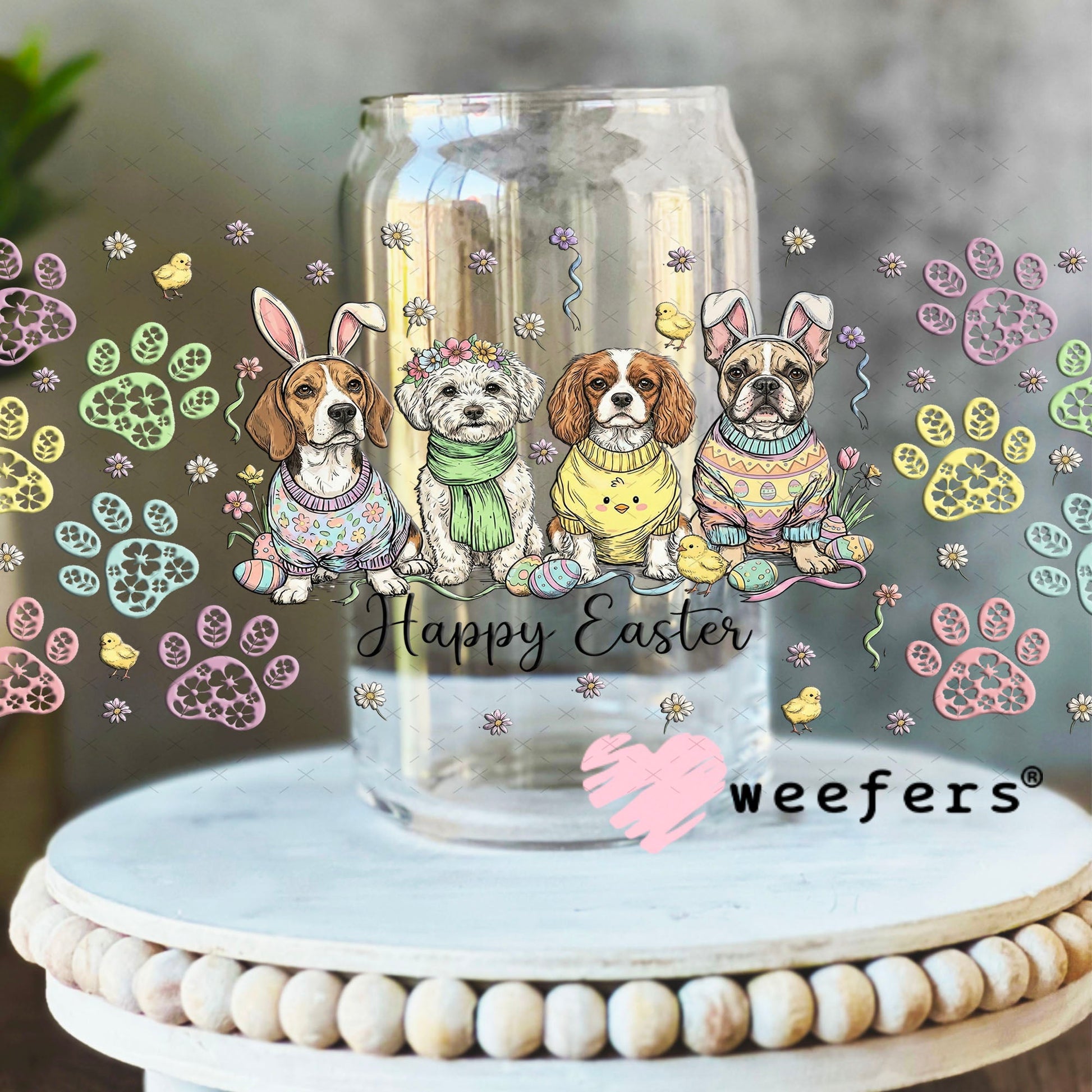 UV DTF Cup Wrap – Happy Easter Dog Friends - Weefers Exclusive 16oz Libbey Glass Original Size Cup Wrap Weefers