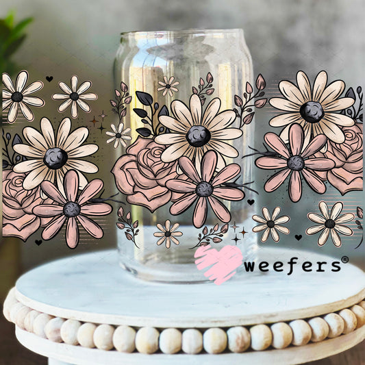 UV DTF Cup Wrap – Mauve and Sand Daisy Flowers 16oz Libbey Glass Original Size Weefers