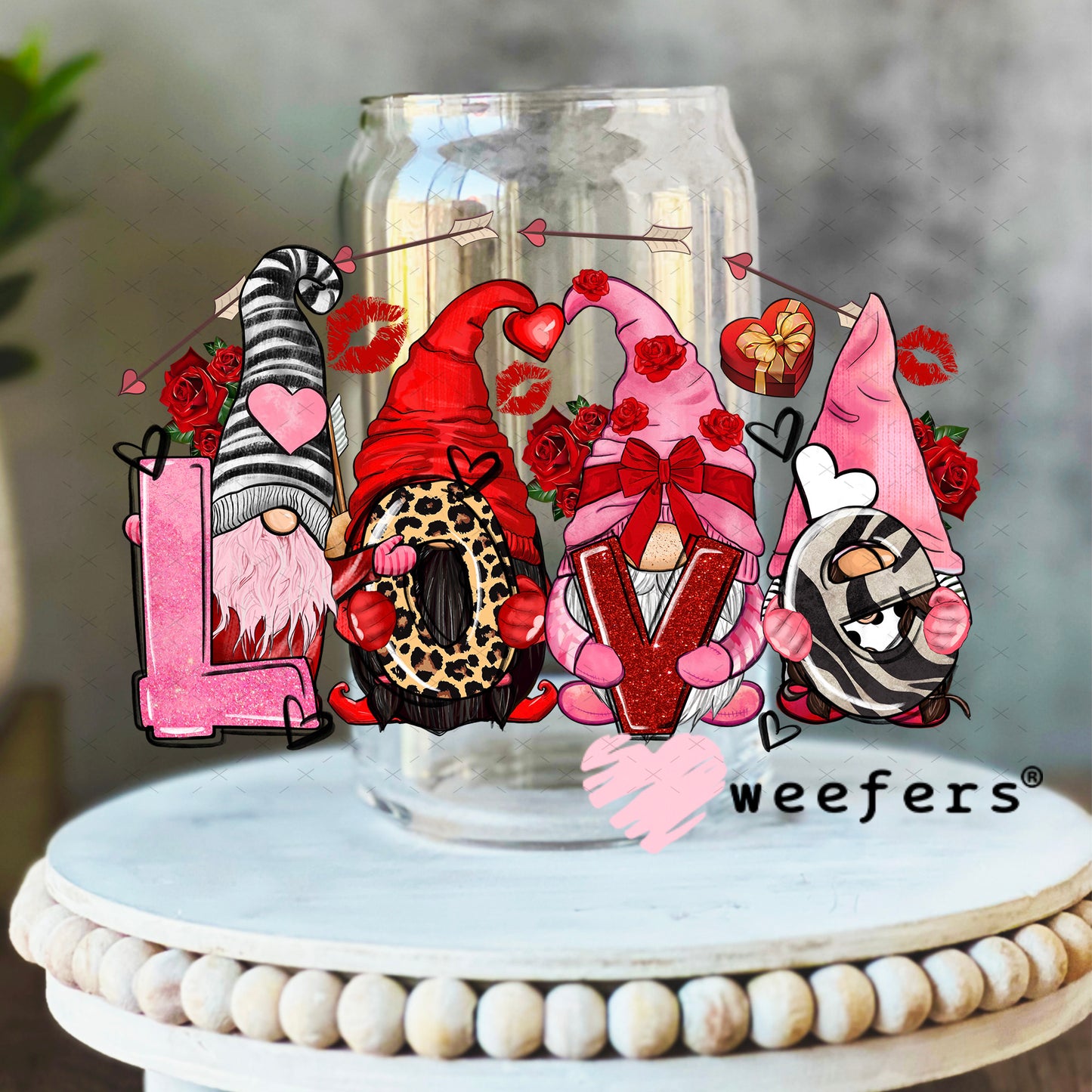 UV DTF Decal - Love Gnomes Valentine's Day 16oz Libbey Glass Original Size Weefers