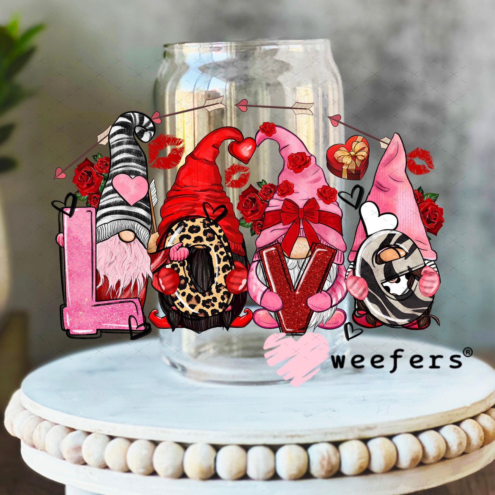 UV DTF Decal - Love Gnomes Valentine's Day 16oz Libbey Glass Original Size Weefers