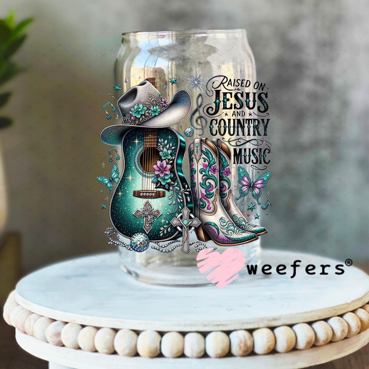 UV DTF Decal - Raised on Jesus and Country Music 16oz Libbey Glass Original Size Weefers