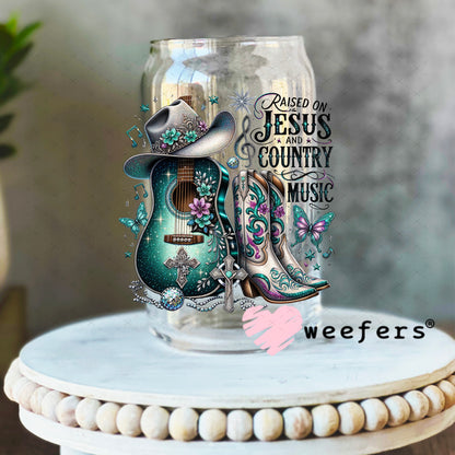 UV DTF Decal - Raised on Jesus and Country Music 16oz Libbey Glass Original Size Weefers