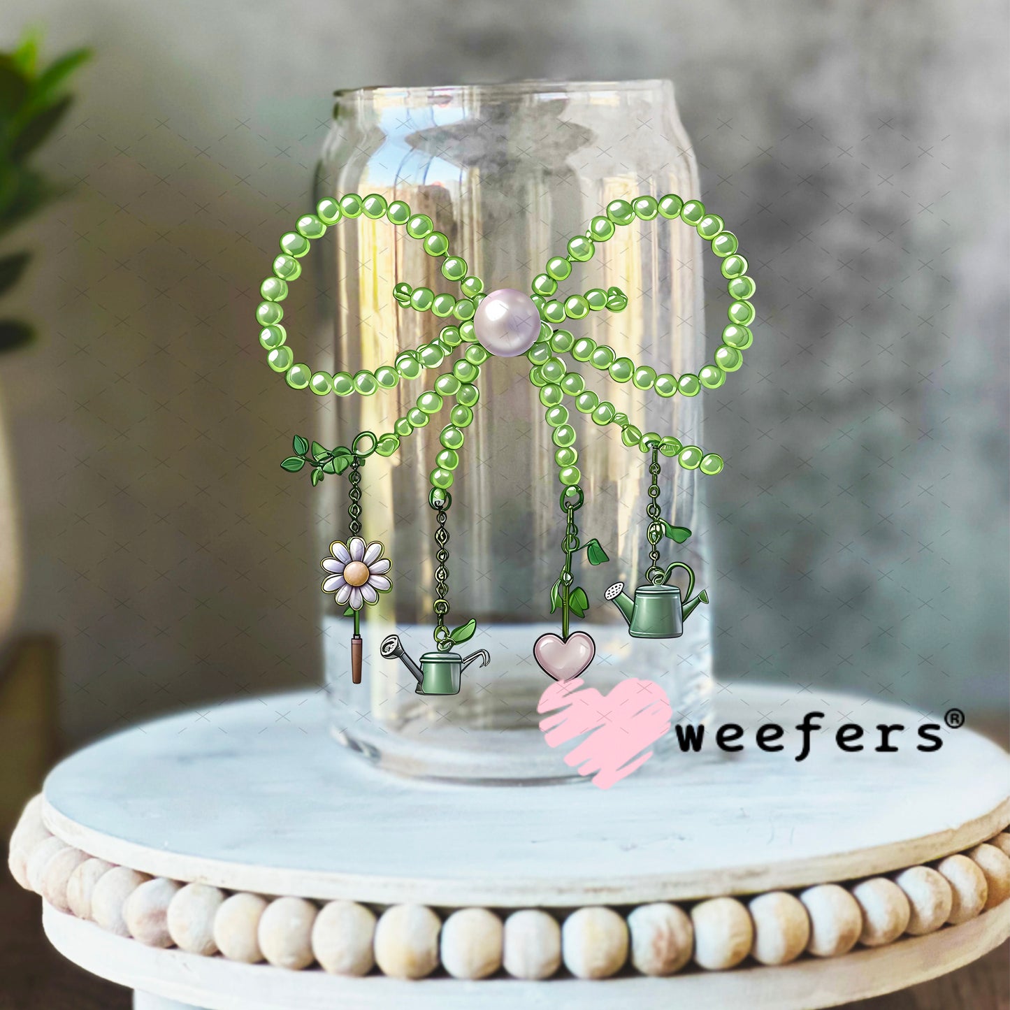 UV DTF Decal - Pearl Green Bow Gardening 16oz Libbey Glass Original Size Weefers