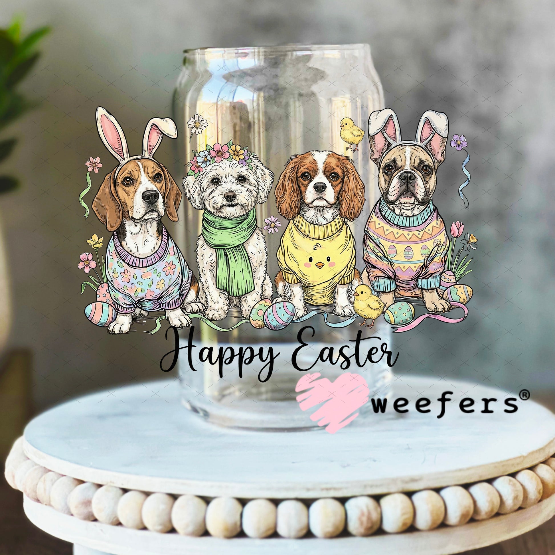 UV DTF Decal - Happy Easter Dog Friends 16oz Libbey Glass Original Size Weefers