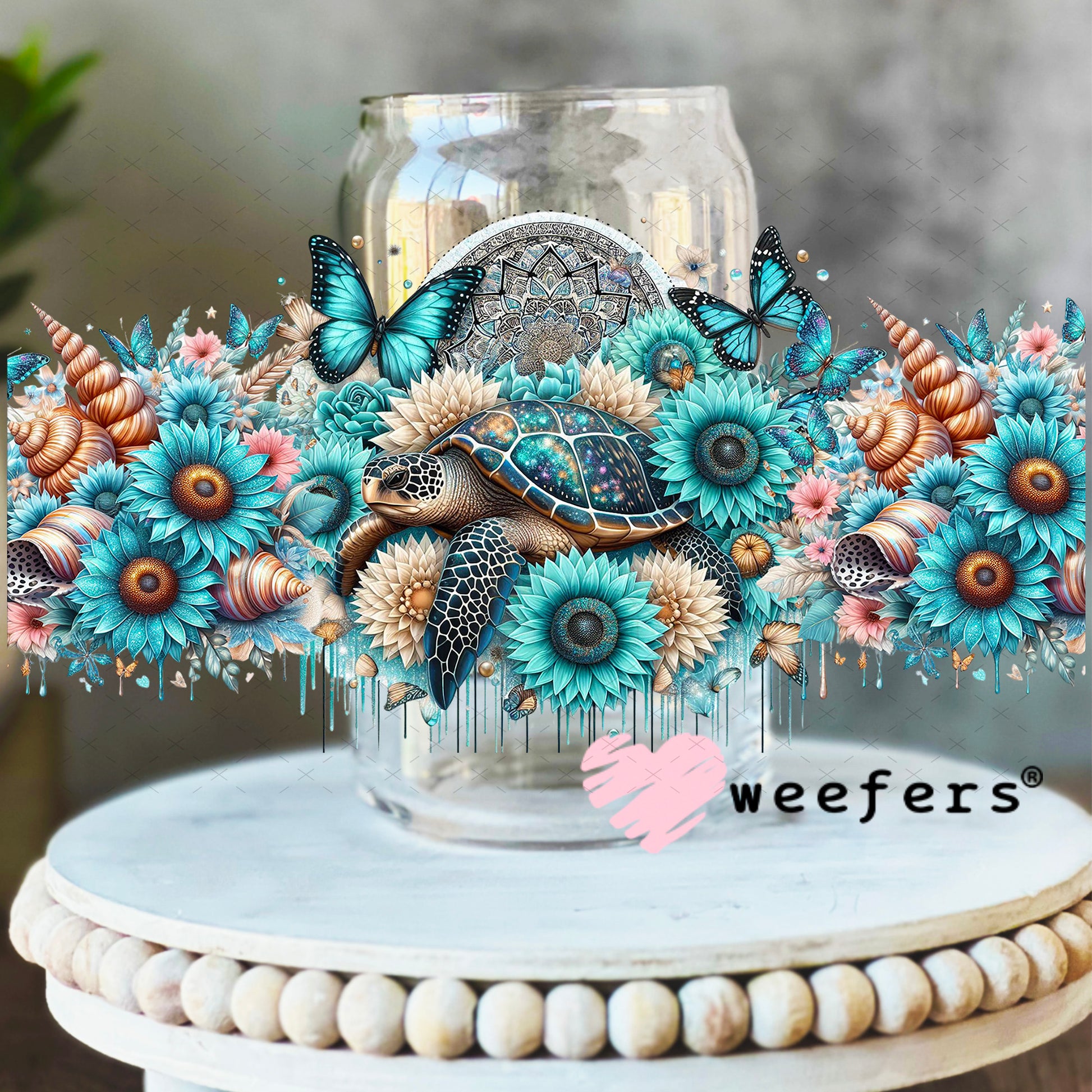 UV DTF Cup Wrap – Blue Turtle and Sunflowers 16oz Libbey Glass Original Size Weefers