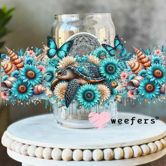 UV DTF Cup Wrap – Blue Turtle and Sunflowers 16oz Libbey Glass Original Size Weefers
