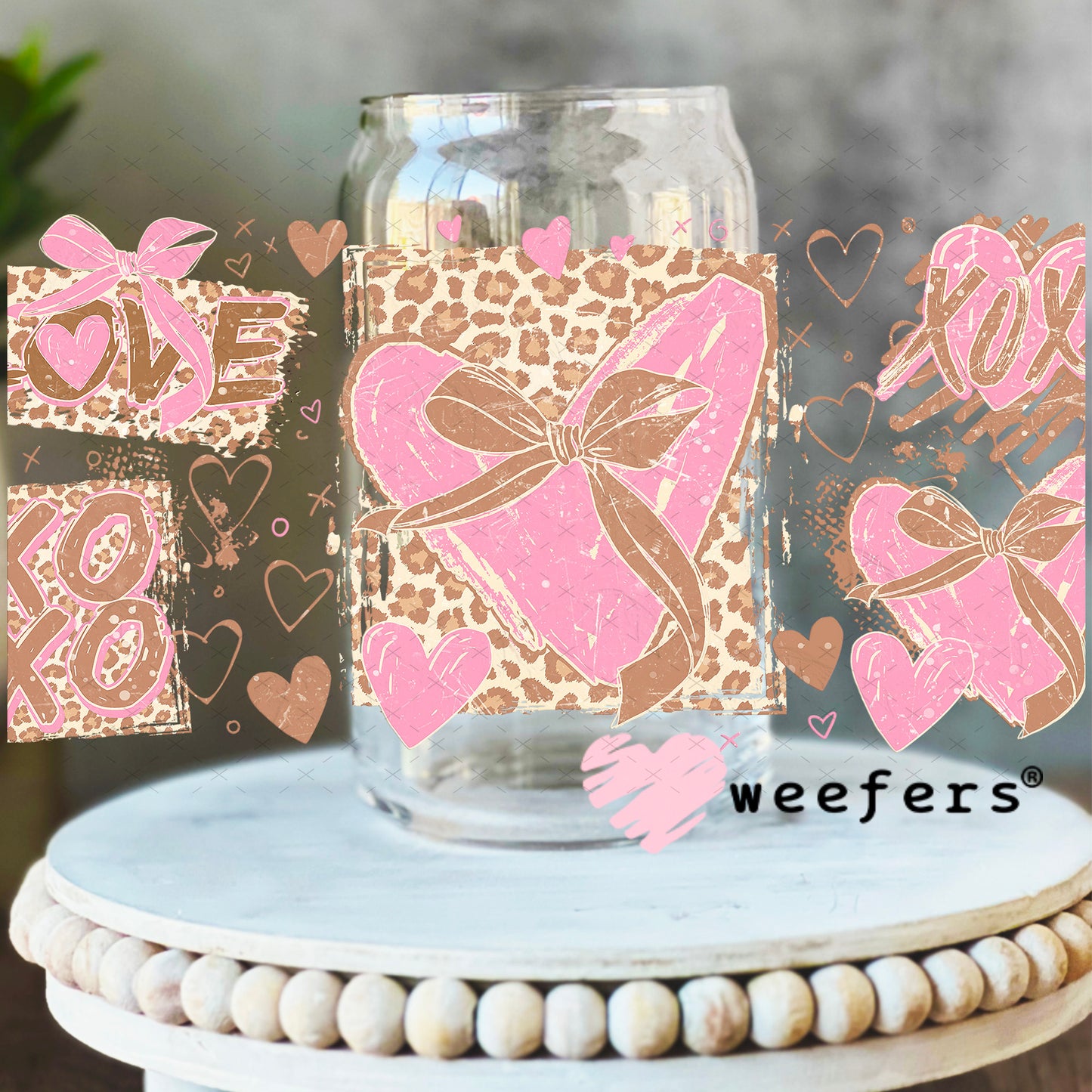 UV DTF Cup Wrap – Cheetah Brown and Pink Valentine's Day 16oz Libbey Glass Original Size Weefers