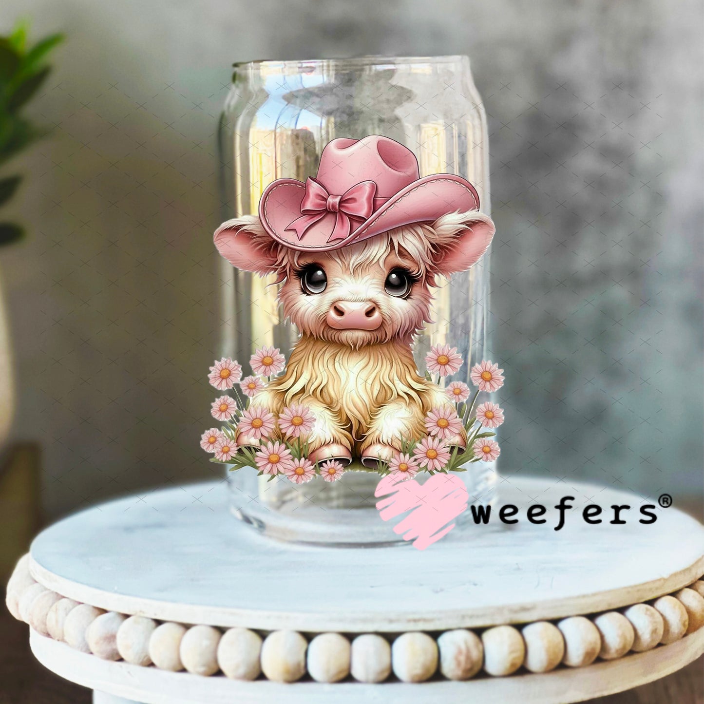 UV DTF Decal - Cowgirl Highlander Cow 16oz Libbey Glass Original Size Weefers