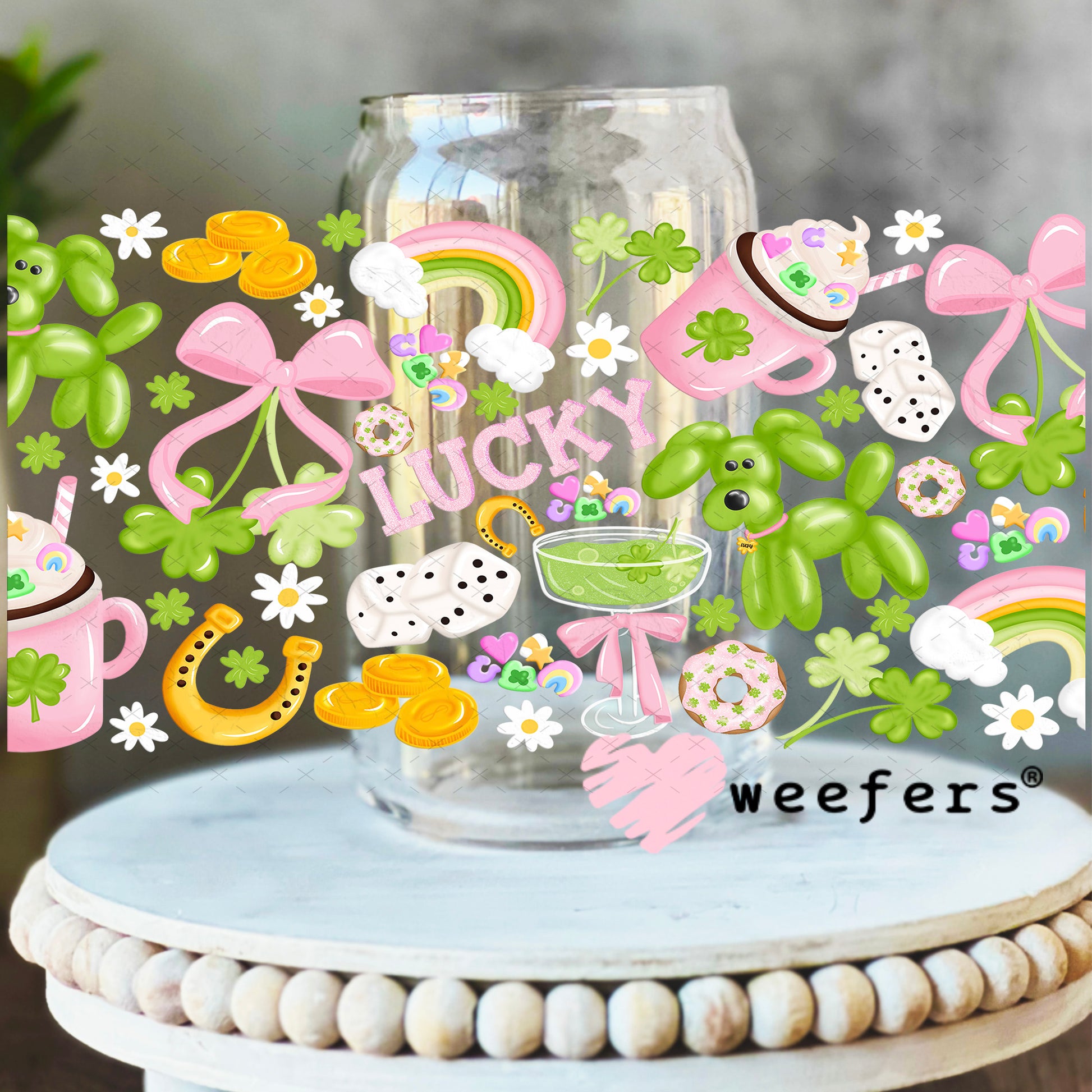 UV DTF Cup Wrap – Lucky Green and Pink Balloon Dog 16oz Libbey Glass Original Size Weefers