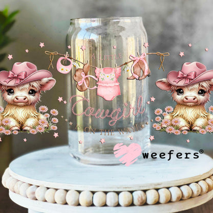 UV DTF Cup Wrap – A Little Cowgirl is on the Way - Weefers Exclusive 16oz Libbey Glass Original Size Cup Wrap Weefers
