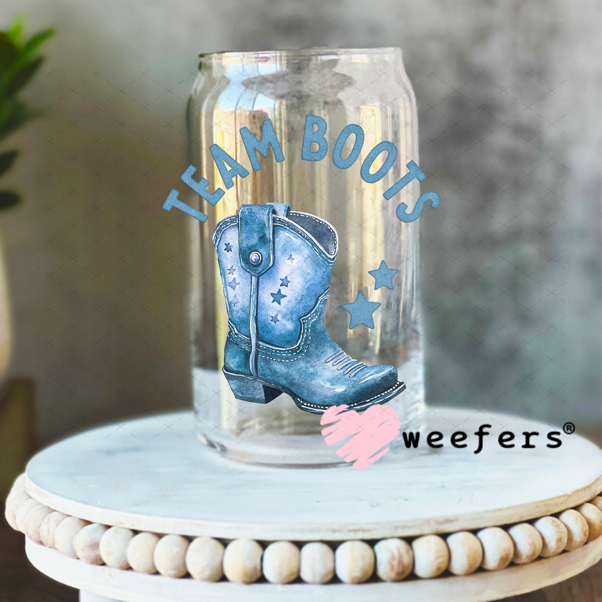 UV DTF Decal - Team Boots Baby Shower Gender Reveal Boy 16oz Libbey Glass Original Size Weefers