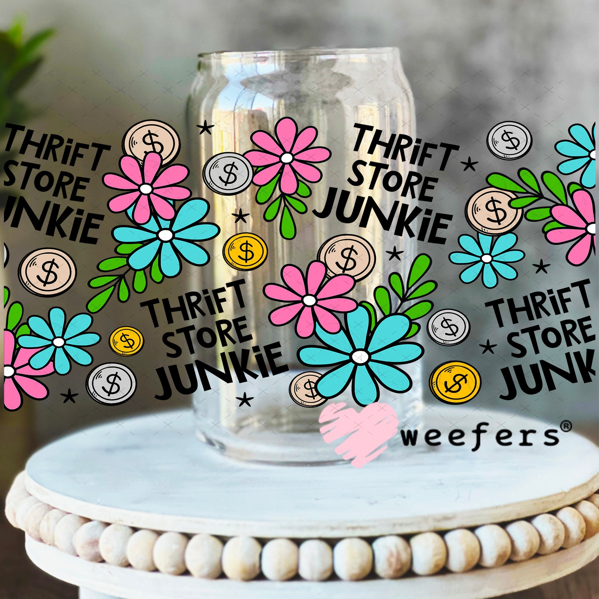 UV DTF Cup Wrap – Thrift Store Junkie 16oz Libbey Glass Original Size Weefers