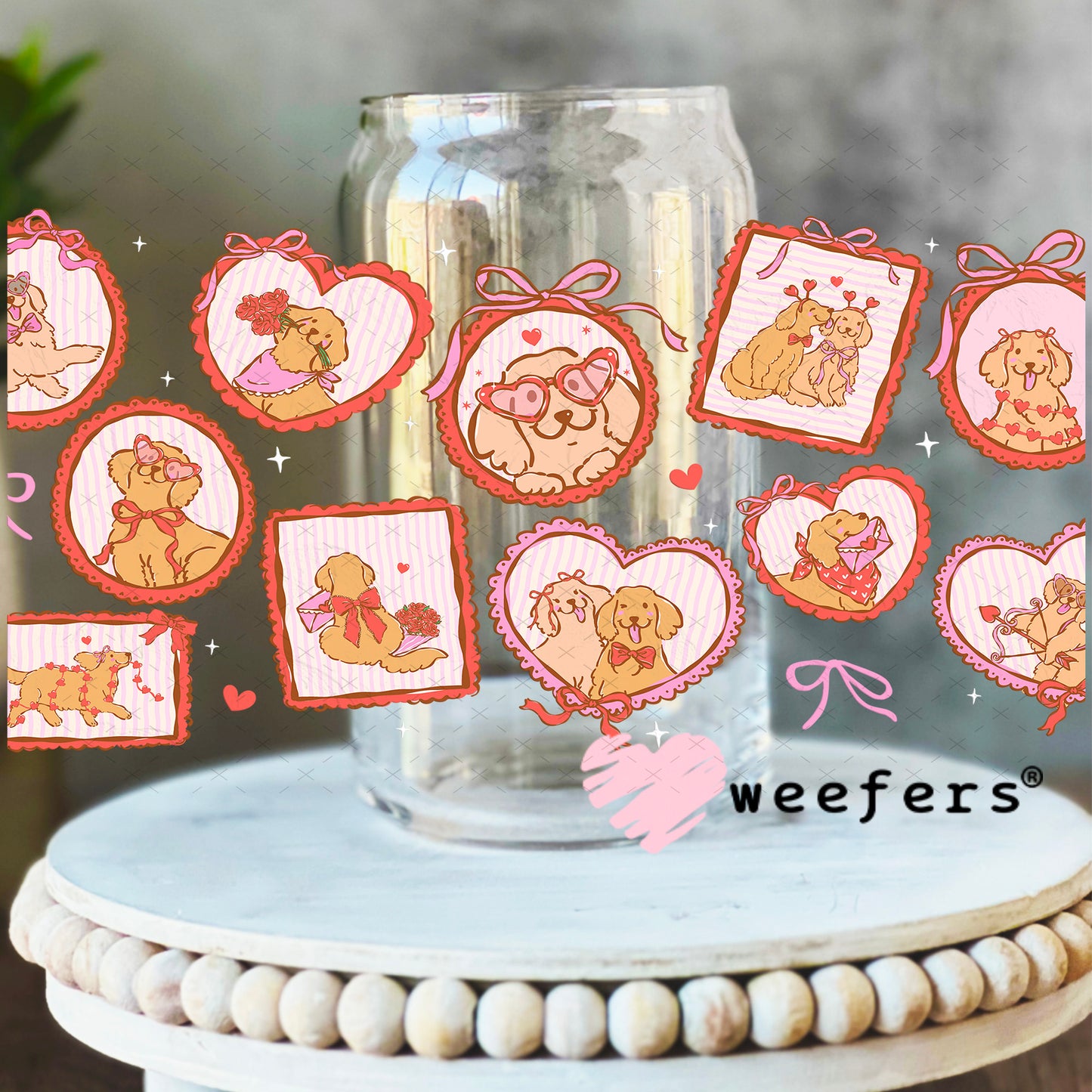 UV DTF Cup Wrap – Golden Retriever Valentine's Day 16oz Libbey Glass Original Size Weefers