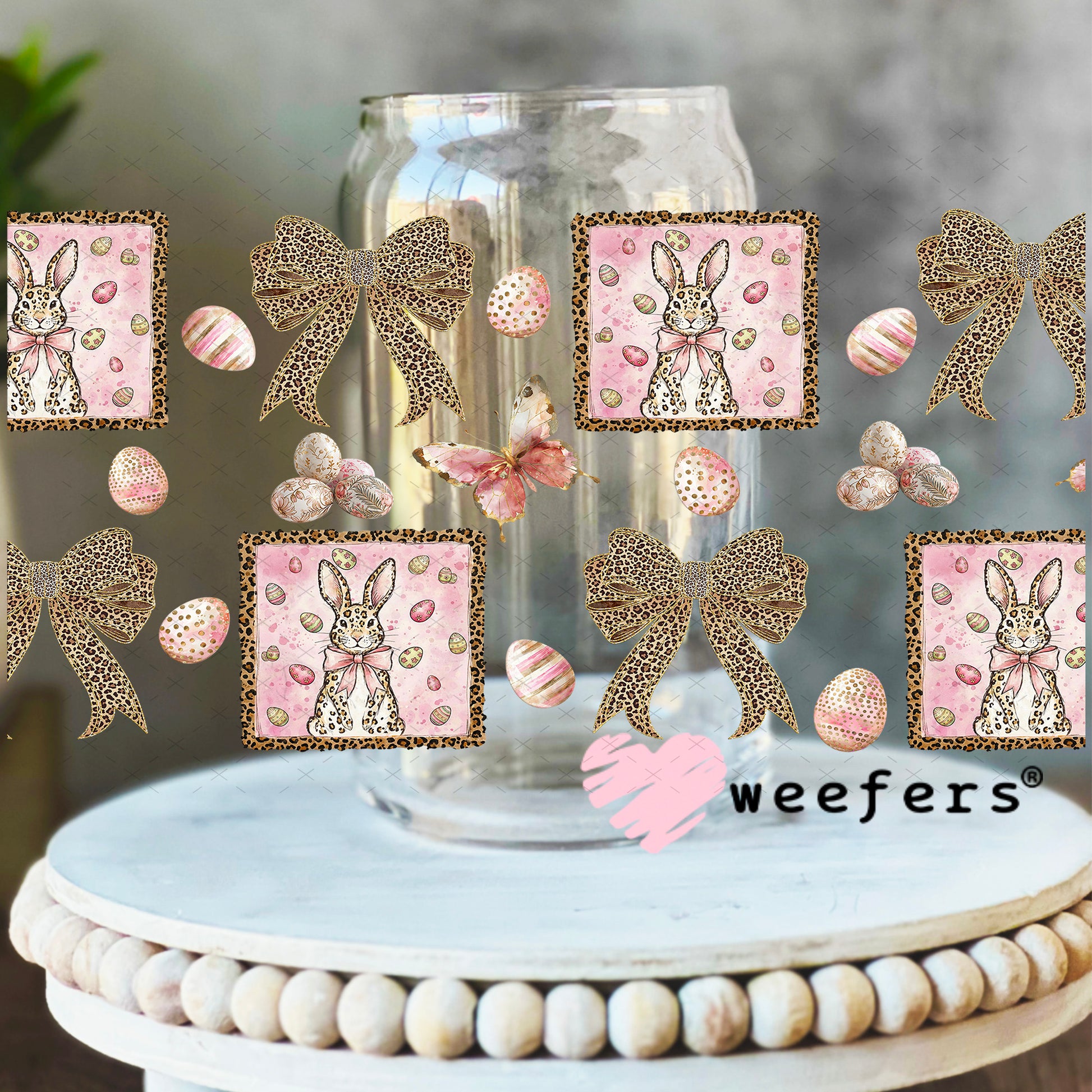 UV DTF Cup Wrap – Rose Gold Bunnies and Bows - Weefers Exclusive 16oz Libbey Glass Original Size Weefers