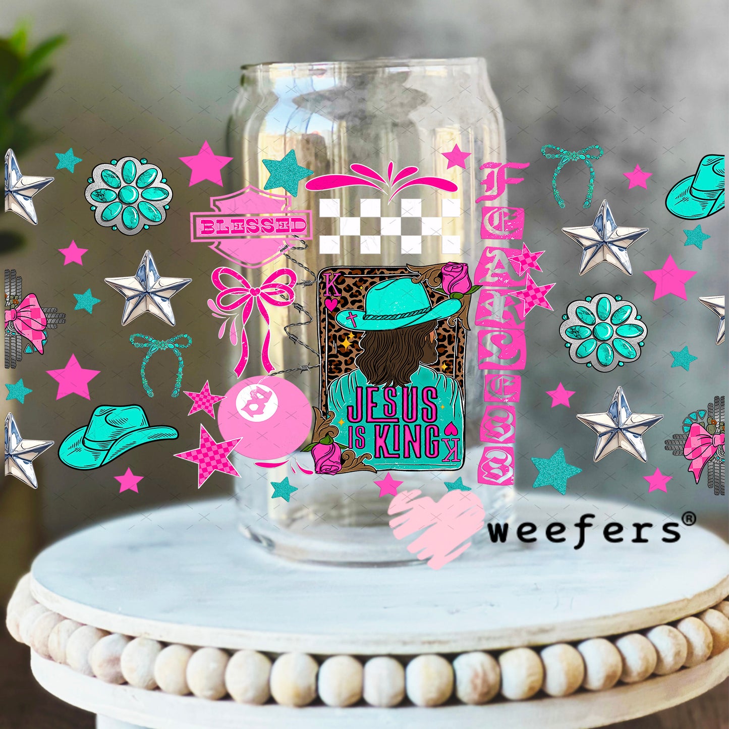 UV DTF Cup Wrap – Jesus is King Teal and Hot Pink - Weefers Exclusive 16oz Libbey Glass Original Size Weefers