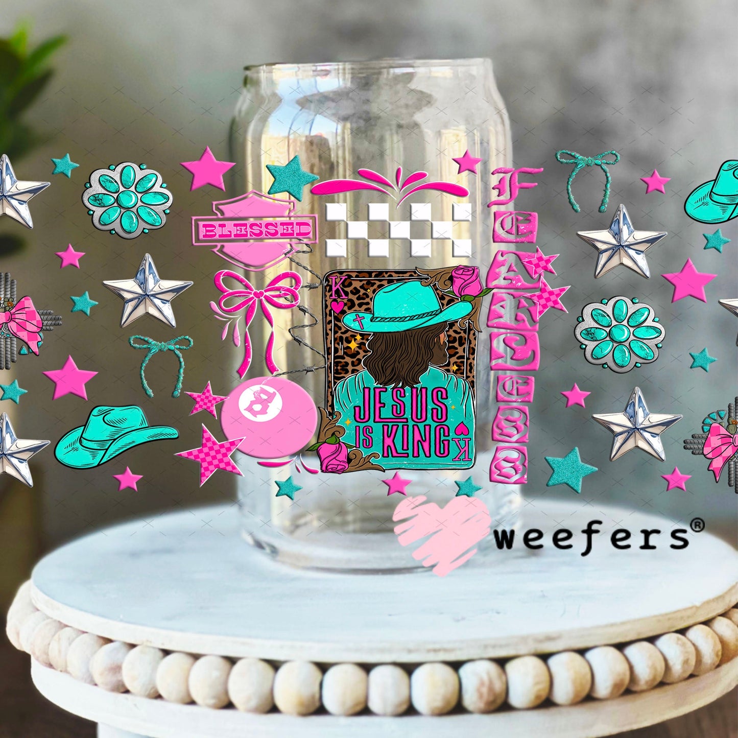 UV DTF Cup Wrap – Jesus is King Teal and Hot Pink - Weefers Exclusive 16oz Libbey Glass Original Size Cup Wrap Weefers