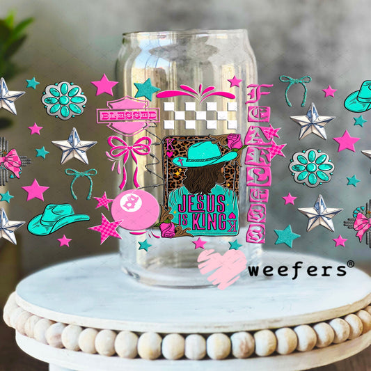 UV DTF Cup Wrap – Jesus is King Teal and Hot Pink - Weefers Exclusive 16oz Libbey Glass Original Size Cup Wrap Weefers