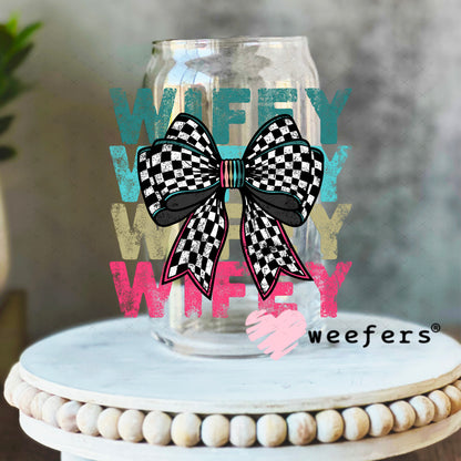 UV DTF Decal - Wifey Checkered Bow Black and White 16oz Libbey Glass Original Size Weefers