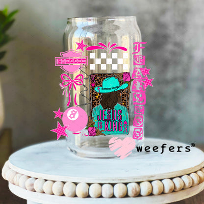 UV DTF Decal - Jesus is King Teal and Hot Pink 16oz Libbey Glass Original Size Weefers