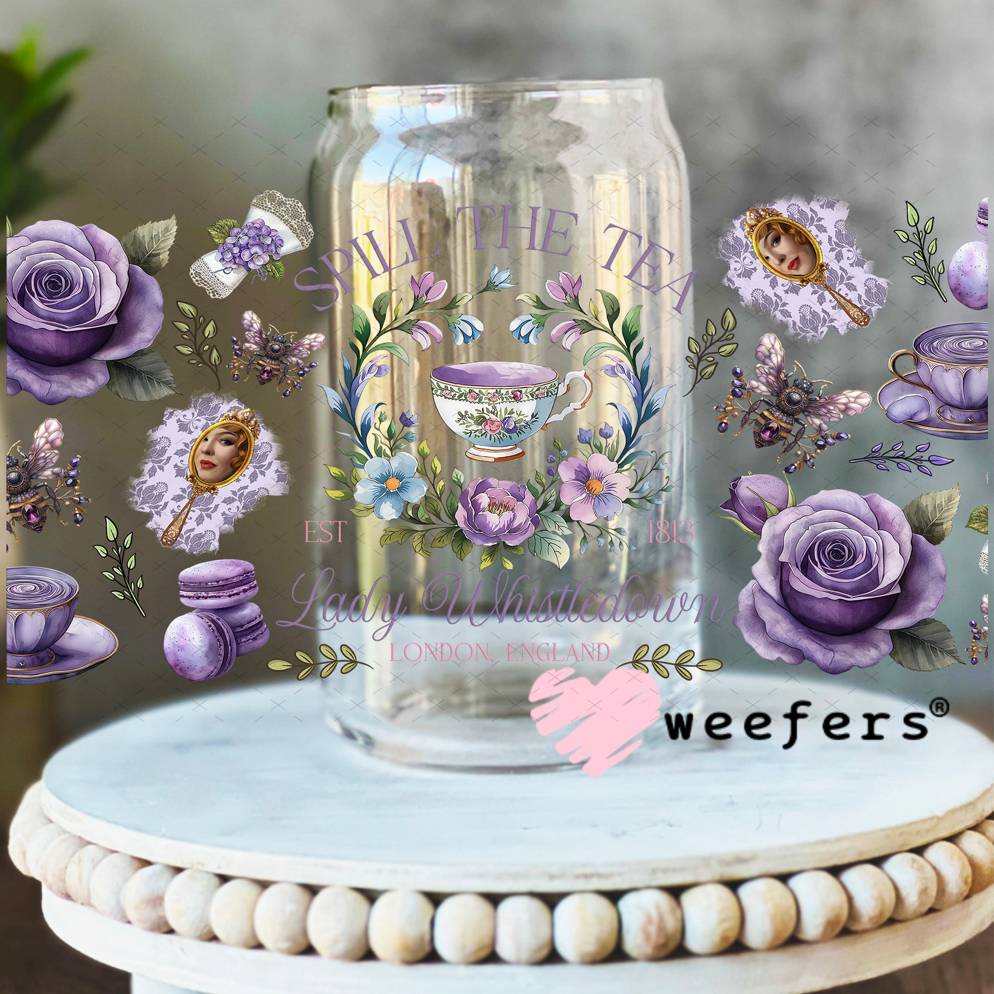 UV DTF Cup Wrap – Spill the Tea - Weefers Exclusive 16oz Libbey Glass Original Size Weefers