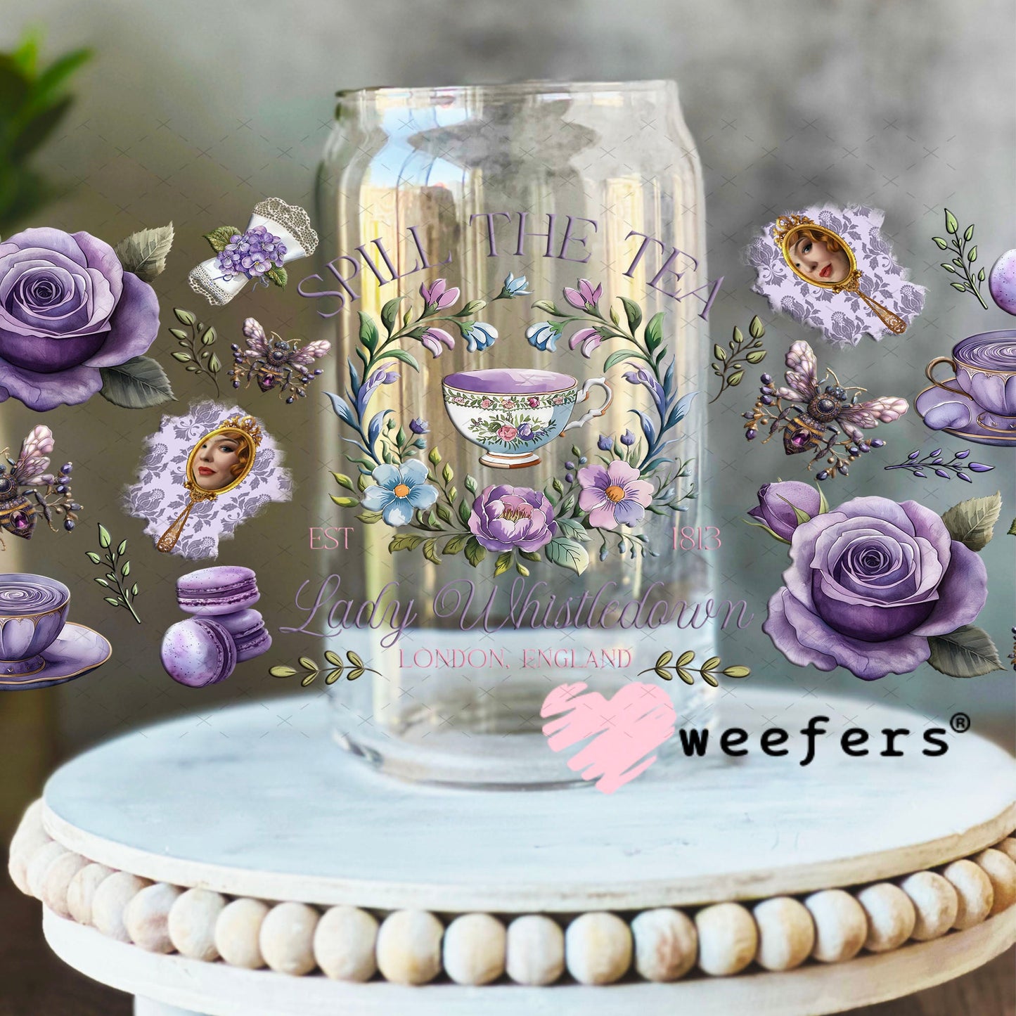 UV DTF Cup Wrap – Regency Garden Spill the Tea - Weefers Exclusive 16oz Libbey Glass Original Size Cup Wrap Weefers