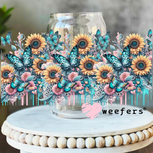 UV DTF Cup Wrap – Teal Pink Butterflies and Sunflowers 16oz Libbey Glass Original Size Weefers