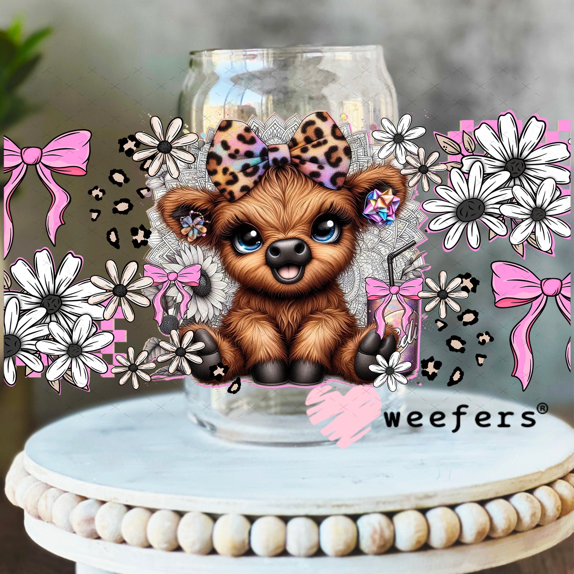 UV DTF Cup Wrap – Highlander Cow and Pink Bows 16oz Libbey Glass Original Size Weefers