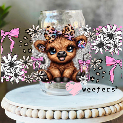 UV DTF Cup Wrap – Highlander Cow and Pink Bows 16oz Libbey Glass Original Size Weefers