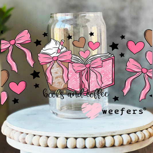 UV DTF Cup Wrap – Books and Coffee Pink and Brown 16oz Libbey Glass Original Size Weefers