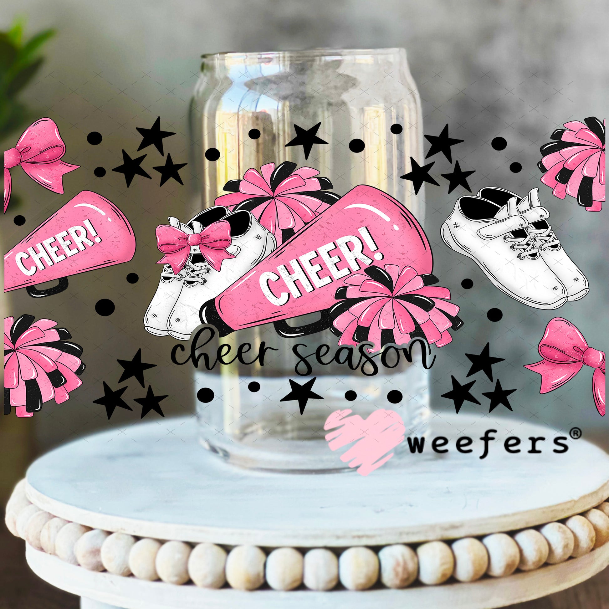 UV DTF Cup Wrap – Cheer Pink Black and White 16oz Libbey Glass Original Size Weefers