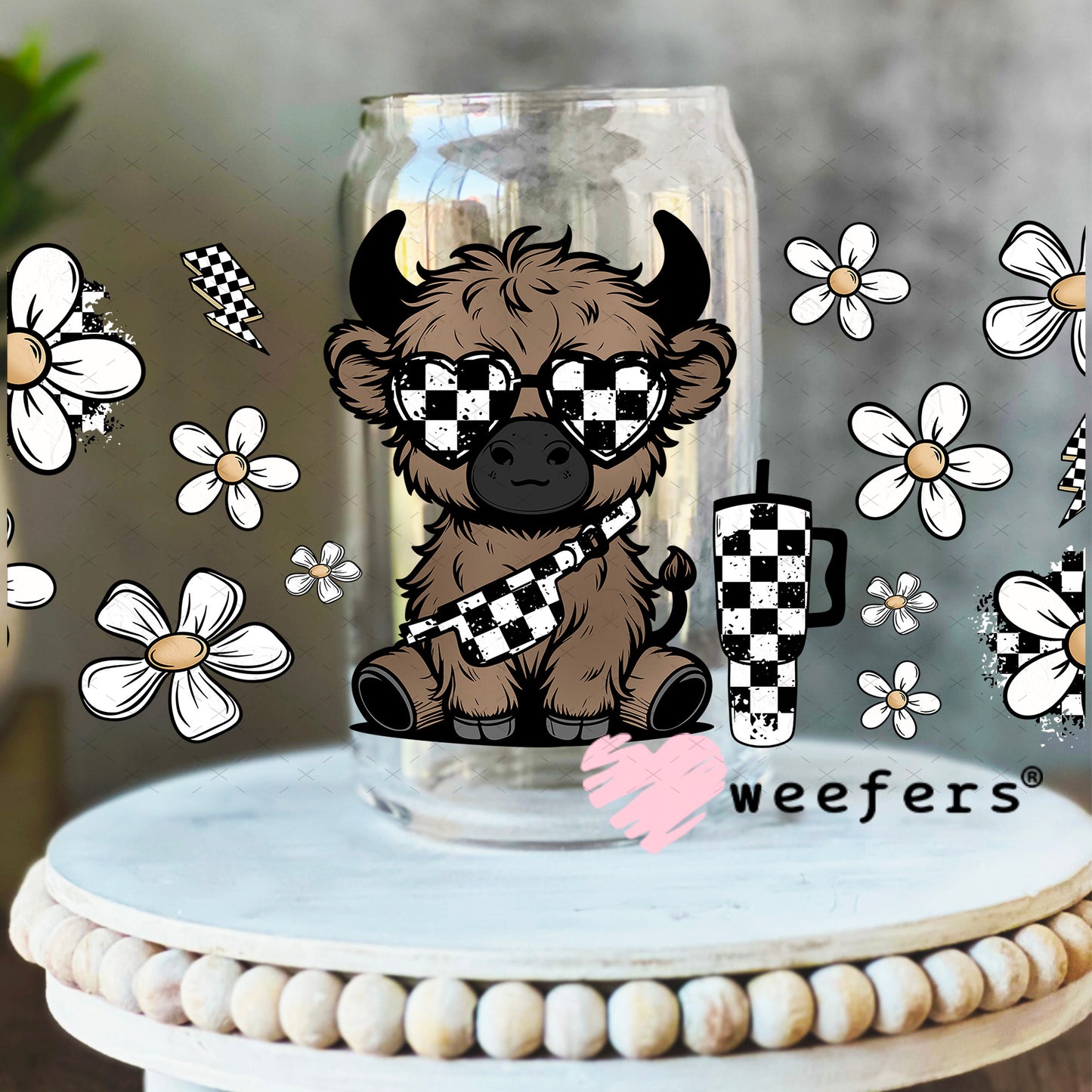UV DTF Cup Wrap – Bougie checkered Highland Cow 16oz Libbey Glass Original Size Weefers