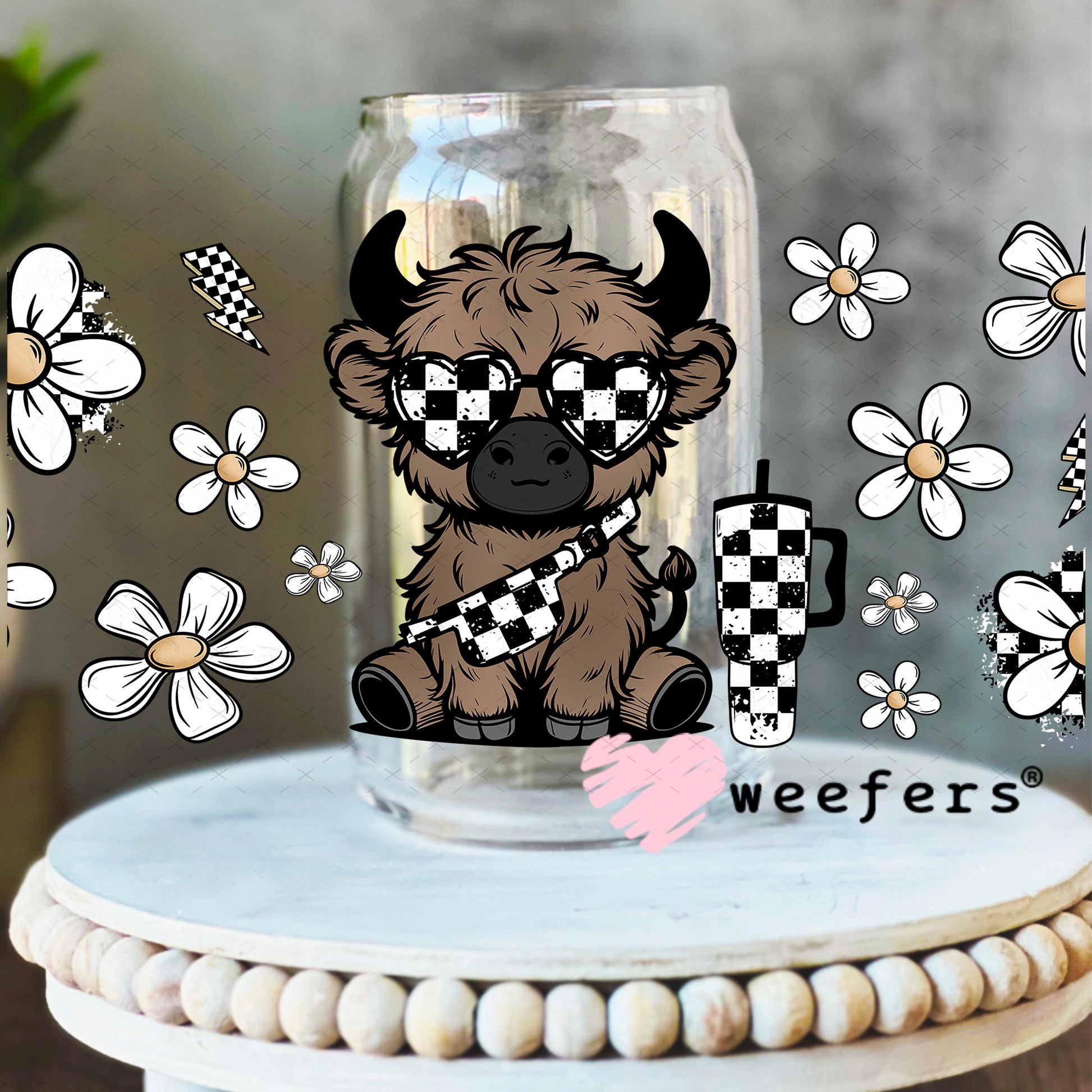 UV DTF Cup Wrap – Bougie checkered Highland Cow 16oz Libbey Glass Original Size Weefers