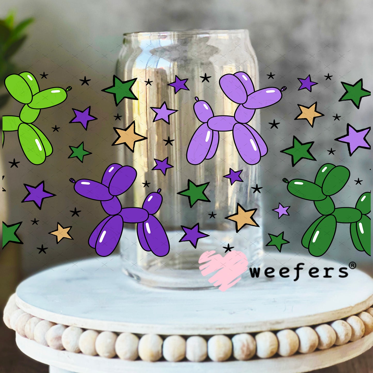 UV DTF Cup Wrap – Mardi Gras Balloon Dogs 16oz Libbey Glass Original Size Weefers